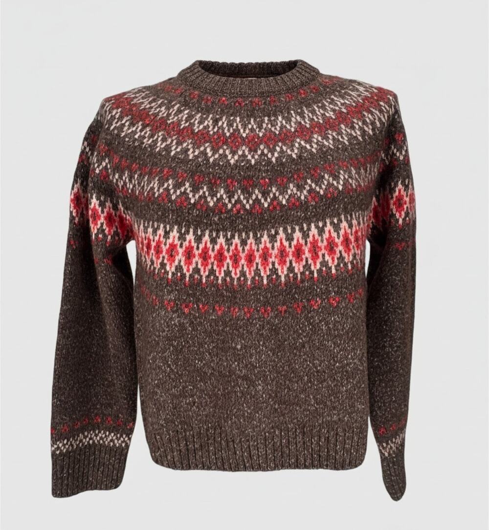 Womens SKI Fair Isle Crewneck Knit Sweater Pullover XS Brown Fisherman Nordic